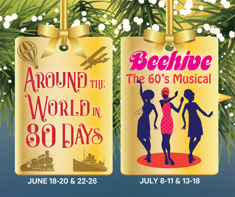 Two holiday gift tags featuring show titles