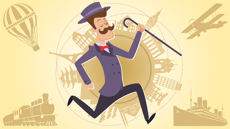 Graphic of moustached male with cane running