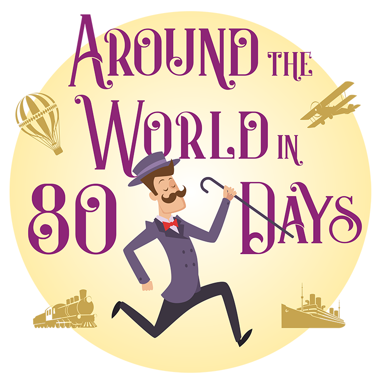 Moustached man with can running to promote "Around the World in 80 Days"